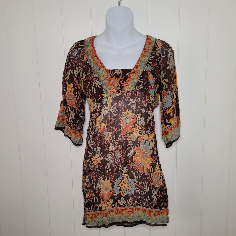 Vintage Women's Tunic Y2K 90s Baby doll Abstract Floral Tie Back Fairy Small